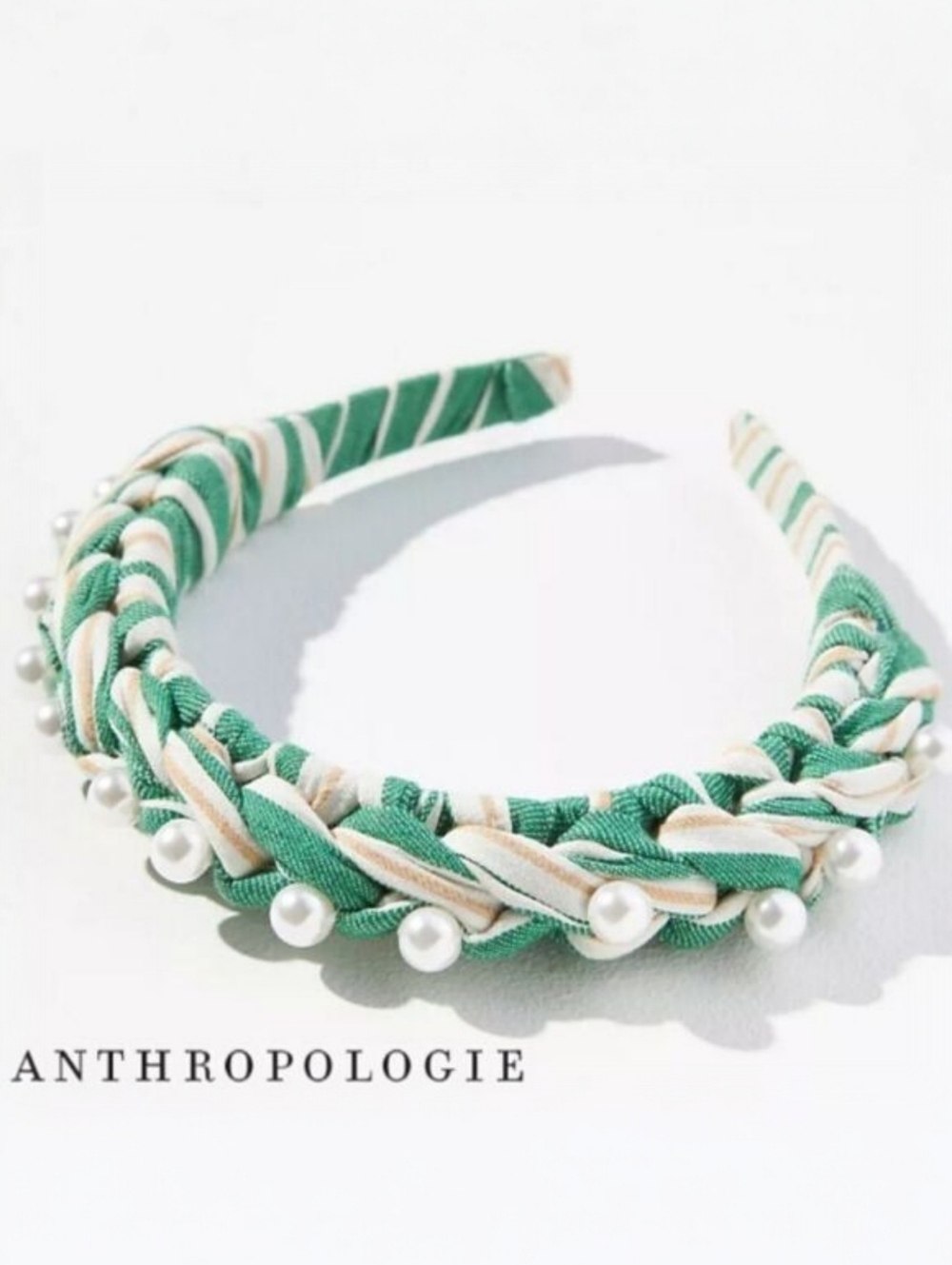 Anthropologie Braided Pear Soft Green & White Boho  Beachy Headband - NEW